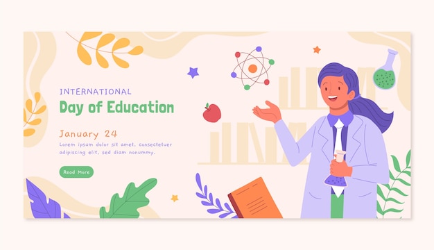 Flat horizontal banner template for celebration of international day of education