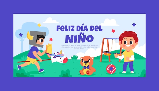 Free vector flat horizontal banner template for children's day celebration in spanish