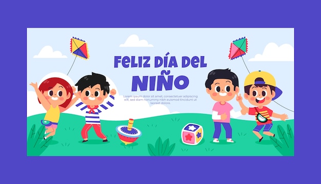 Flat horizontal banner template for children's day celebration in spanish