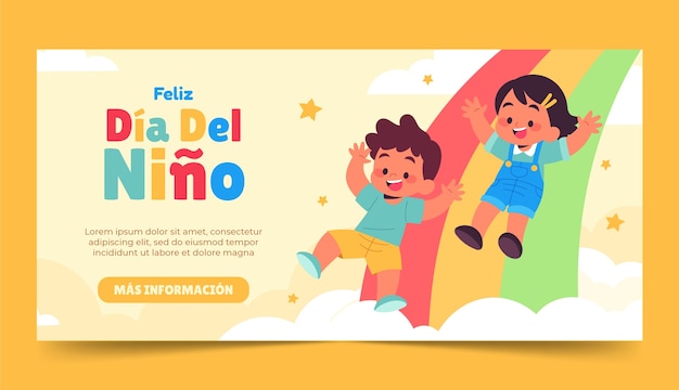 Vettore gratuito modello di banner orizzontale piatto per la celebrazione della festa dei bambini in spagnolo