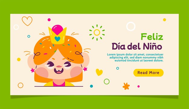 Flat horizontal banner template for children's day celebration in spanish