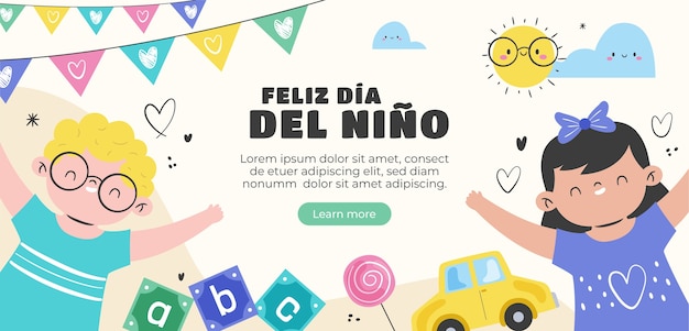 Free vector flat horizontal banner template for children's day celebration in spanish