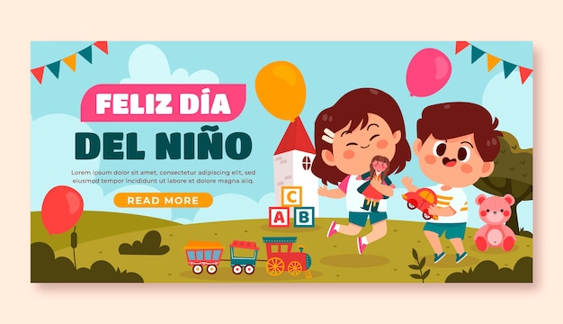 Vettore gratuito modello di banner orizzontale piatto per la celebrazione della festa dei bambini in spagnolo