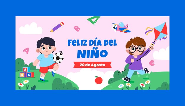 Flat horizontal banner template for children's day celebration in spanish