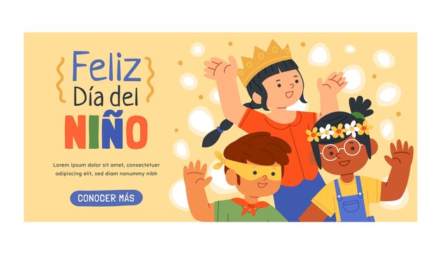 Flat horizontal banner template for children's day celebration in spanish