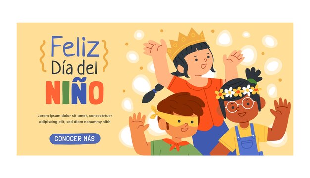 스페인어로 된 어린이 날 축하를 위한 평면 가로 배너 템플릿