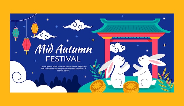 Flat horizontal banner template for chinese mid-autumn festival celebration