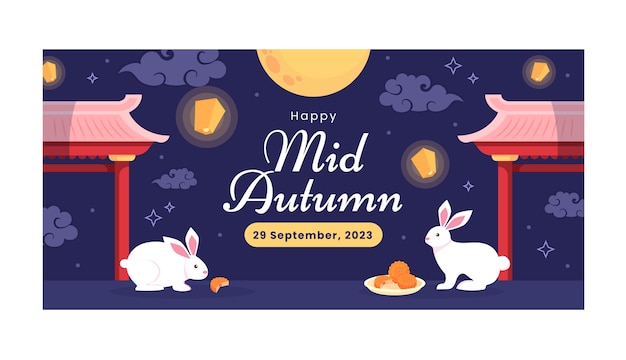 Flat horizontal banner template for chinese mid-autumn festival celebration