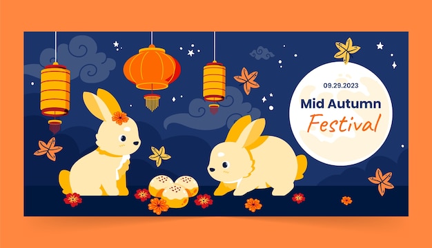 Flat horizontal banner template for chinese mid-autumn festival celebration