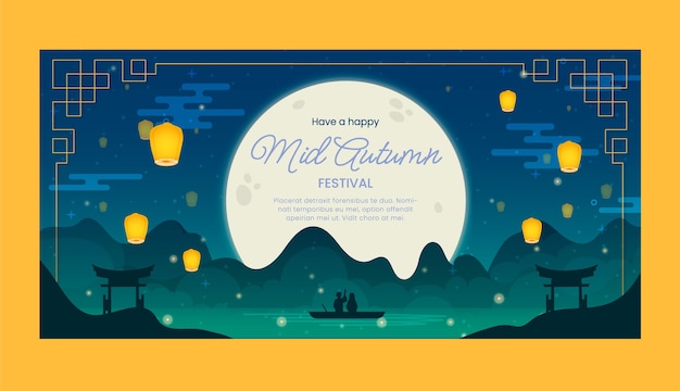 Vettore gratuito modello di banner orizzontale piatto per la celebrazione del festival di metà autunno cinese