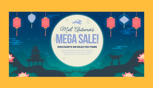 Flat horizontal banner template for chinese mid-autumn festival celebration