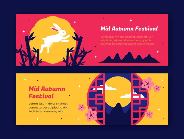 Flat horizontal banner template for chinese mid-autumn festival celebration