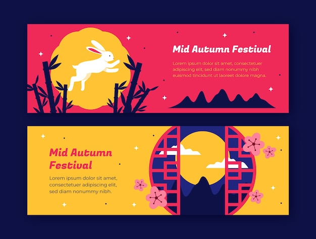 Flat horizontal banner template for chinese mid-autumn festival celebration
