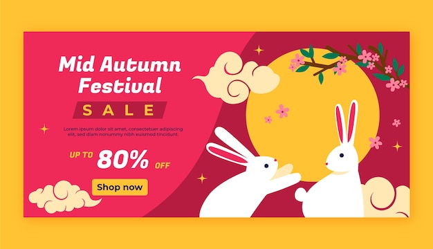 Flat horizontal banner template for chinese mid-autumn festival celebration