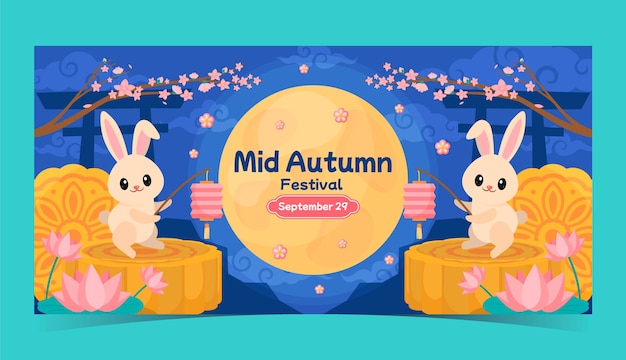 Free vector flat horizontal banner template for chinese mid-autumn festival celebration