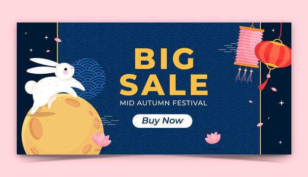 Free vector flat horizontal banner template for chinese mid-autumn festival celebration