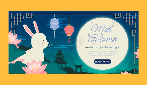 Flat horizontal banner template for chinese mid-autumn festival celebration