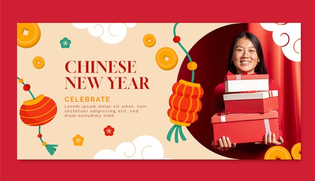 Flat horizontal banner template for chinese new year festival