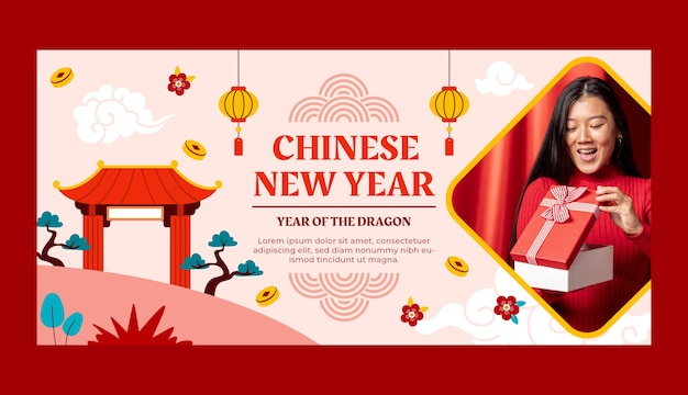 Free vector flat horizontal banner template for chinese new year festival