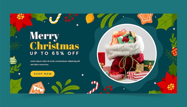 Free vector flat horizontal banner template for christmas season celebration with poinsettia