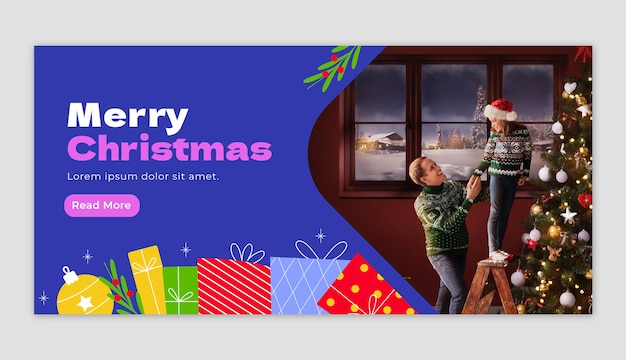 Flat horizontal banner template for christmas season celebration with presents and ornaments