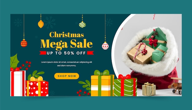 Modello di banner orizzontale piatto per la celebrazione del periodo natalizio con regali