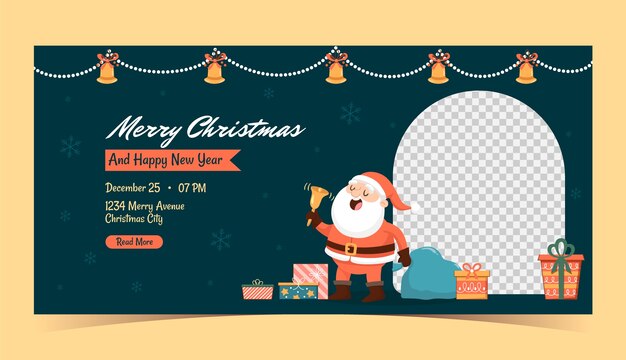 Flat horizontal banner template for christmas season celebration with santa claus and presents