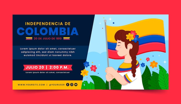 Шаблон плоского горизонтального баннера для празднования дня независимости Колумбии