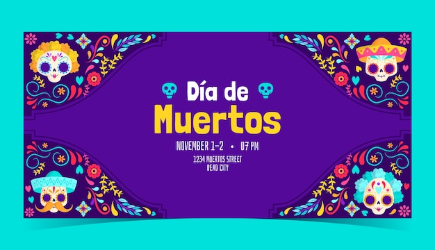 Flat horizontal banner template for dia de muertos celebration