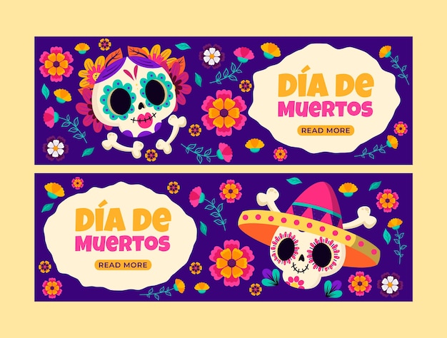 Flat horizontal banner template for dia de muertos celebration