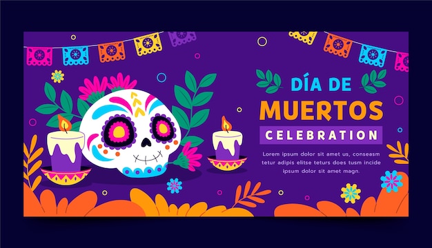 Modello di banner orizzontale piatto per la celebrazione del dia de muertos