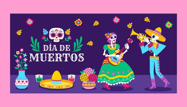 flat horizontal banner template for dia de muertos celebration