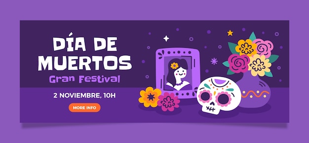 Vettore gratuito modello di banner orizzontale piatto per la celebrazione dia de muertos