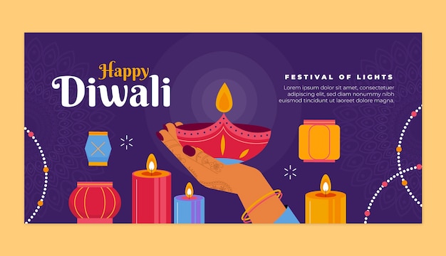 Free vector flat horizontal banner template for diwali celebration