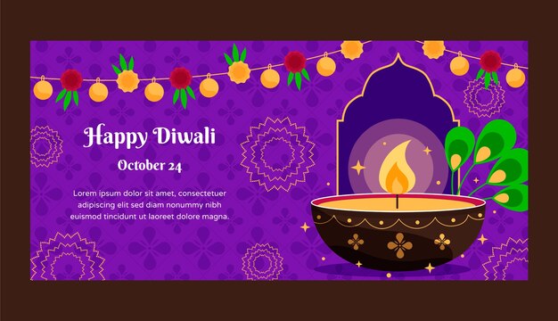 Vettore gratuito modello di banner orizzontale piatto per la celebrazione del festival di diwali