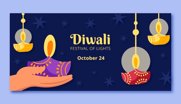 Vettore gratuito modello di banner orizzontale piatto per la celebrazione del festival di diwali