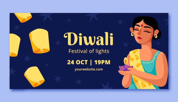 Vettore gratuito modello di banner orizzontale piatto per la celebrazione del festival di diwali