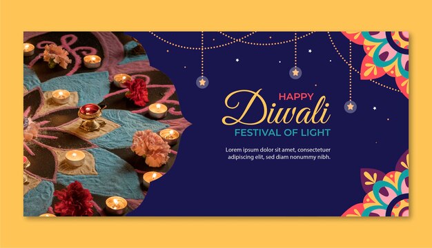 Flat horizontal banner template for diwali hindu festival celebration