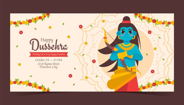 Flat horizontal banner template for dussehra festival celebration