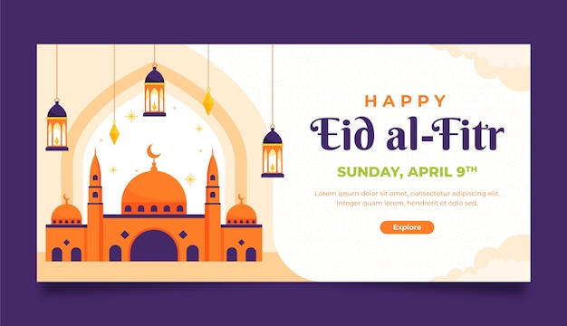 Vettore gratuito modello di banner orizzontale piatto per la celebrazione di eid al-fitr