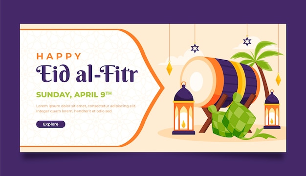 Flat horizontal banner template for eid al-fitr celebration