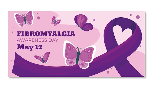 Vettore gratuito modello di banner orizzontale piatto per la giornata di sensibilizzazione sulla fibromialgia