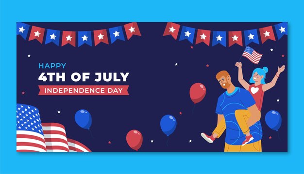 アメリカの7月4日の休日のお祝いのための平らな水平バナーテンプレート