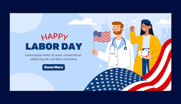無料ベクター アメリカ労働者の日のお祝いのための平らな水平バナー テンプレート