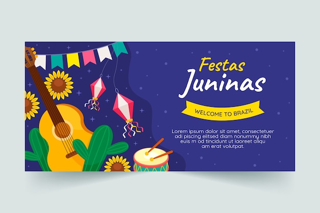 무료 벡터 브라질 festas juninas 축하를위한 평면 가로 배너 템플릿