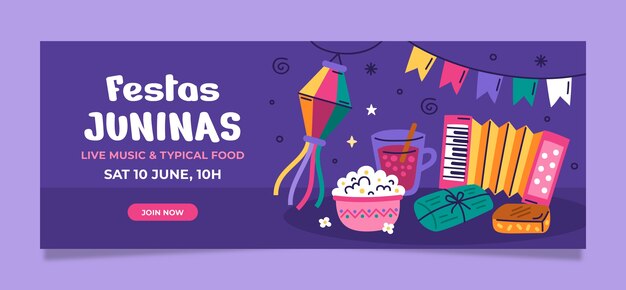 無料ベクター ブラジルのフェスタジュニーナのお祝いのための平らな水平バナーテンプレート