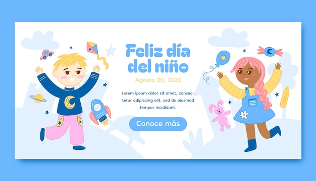 스페인어로 된 어린이 날 축하를 위한 평면 가로 배너 템플릿