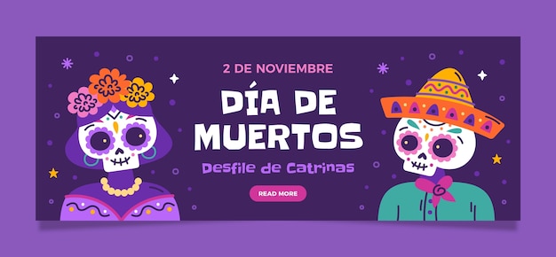 무료 벡터 dia de muertos 축하를 위한 평면 수평 배너 템플릿