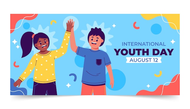 국제 청소년의 날 축하를 위한 평면 가로 배너 템플릿