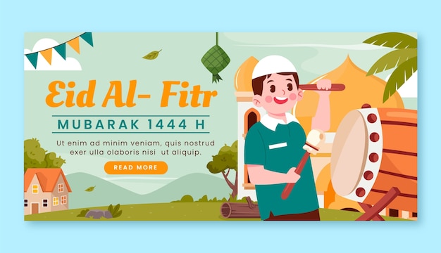 이슬람 eid al-fitr 축하를 위한 평면 수평 배너 템플릿